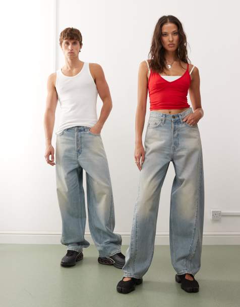 Weekday Stripe Unisex balloon leg jeans with twisted seam details in light blue wash - view 1