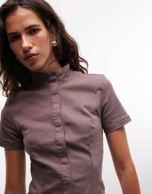Weekday Structured Button Up Top In Brown