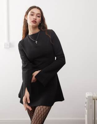 structured long sleeve mini dress in black