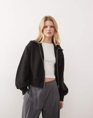 Weekday - Strukturierte, asymmetrische Kapuzenjacke in Schwarz mit Reißverschluss-Brown