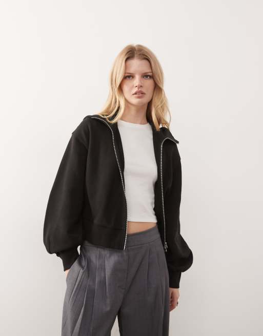 Weekday – Strukturierte, asymmetrische Kapuzenjacke in Schwarz mit Reißverschluss, 2 von 4