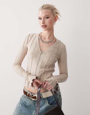 Weekday - Strukturierte Strickjacke in Beige mit Reißverschluss und schmalem Schnitt-Neutral