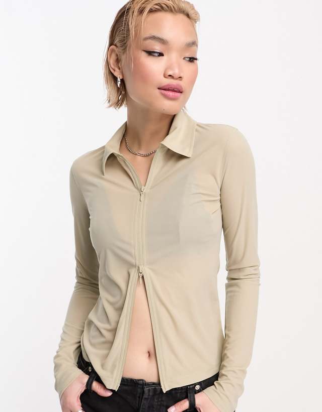 Weekday Studio sheer zip through shirt in beige