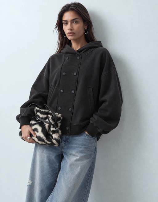 Weekday sudadera con capucha extragrande de doble botonadura con botones delanteros en negro, 9 de 10