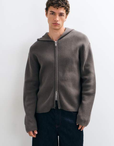 Weekday sudadera con capucha y cremallera de corte boxy con detalle de coderas en topo oscuro - view 1
