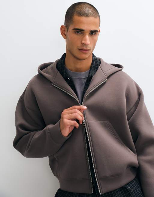 Weekday - Sudadera con cremallera de tejido estilo scuba con bordado en la espalda en topo oscuro, 3 de 5