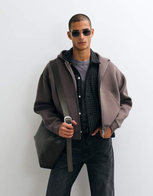 Weekday - Sudadera con cremallera de tejido estilo scuba con bordado en la espalda en topo oscuro, 4 de 5
