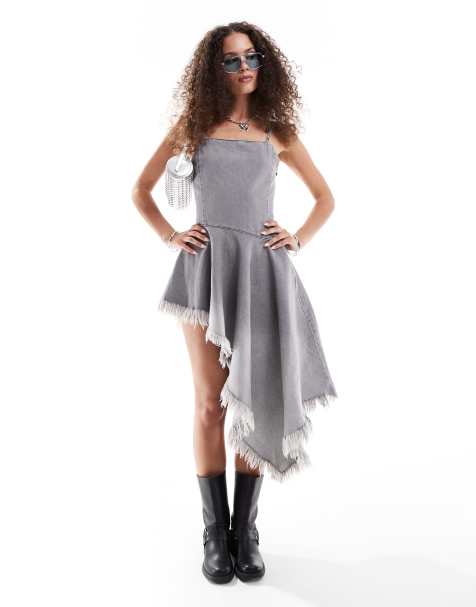 Weekday Sunset asymmetric denim mini dress with frayed hems in grey ombre - view 1