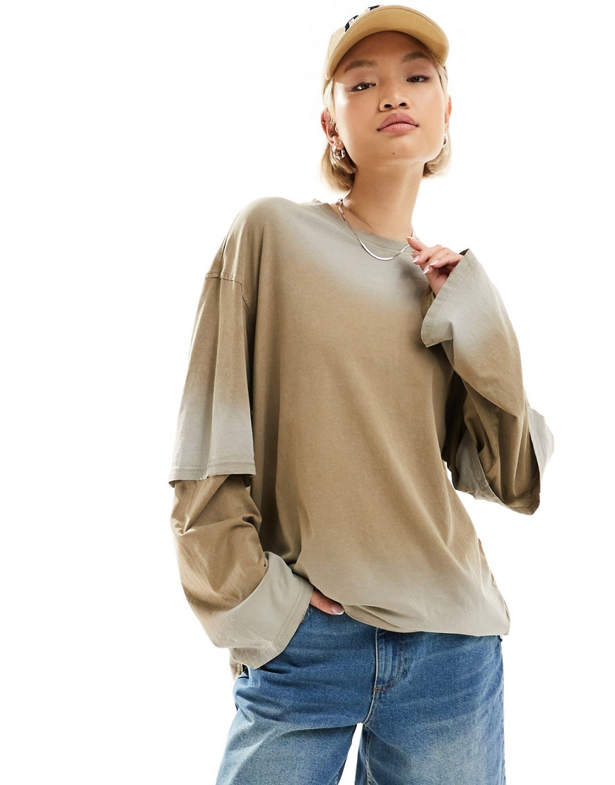 Weekday super oversized layered long sleeve top in washed beige-Neutral