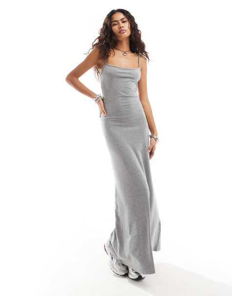 Weekday super soft jersey square neck maxi dress in grey melange - view 1