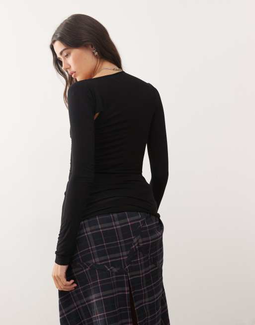 Weekday super soft long sleeve top with asymmetric cut out detail in black