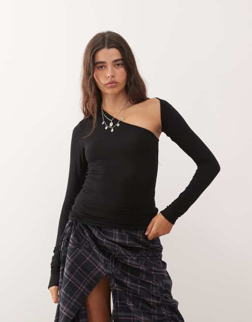 Weekday super soft long sleeve top with asymmetric cut out detail in black, 3 of 4