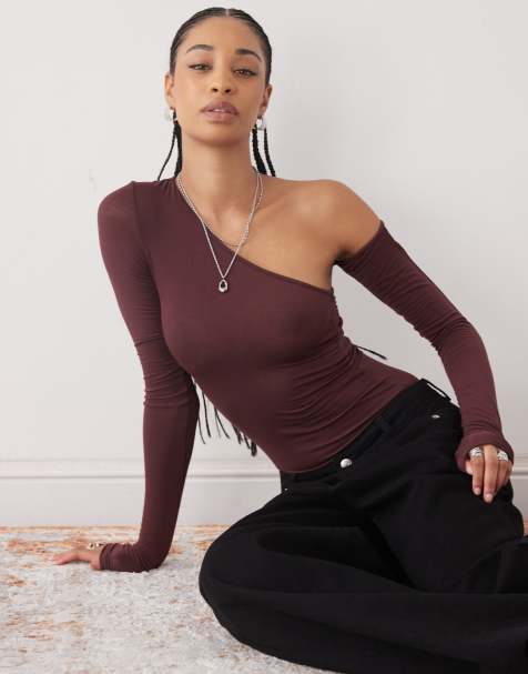 Weekday super soft long sleeve top with asymmetric cut out detail in burgundy exclusive to ASOS - view 1