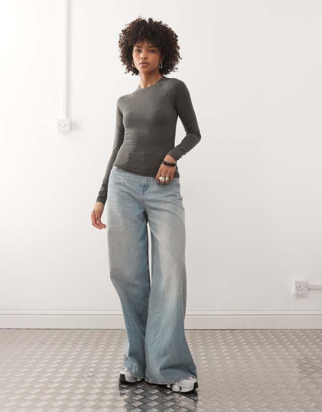 Weekday super soft slim fit long sleeve raglan top in dark gray | ASOS