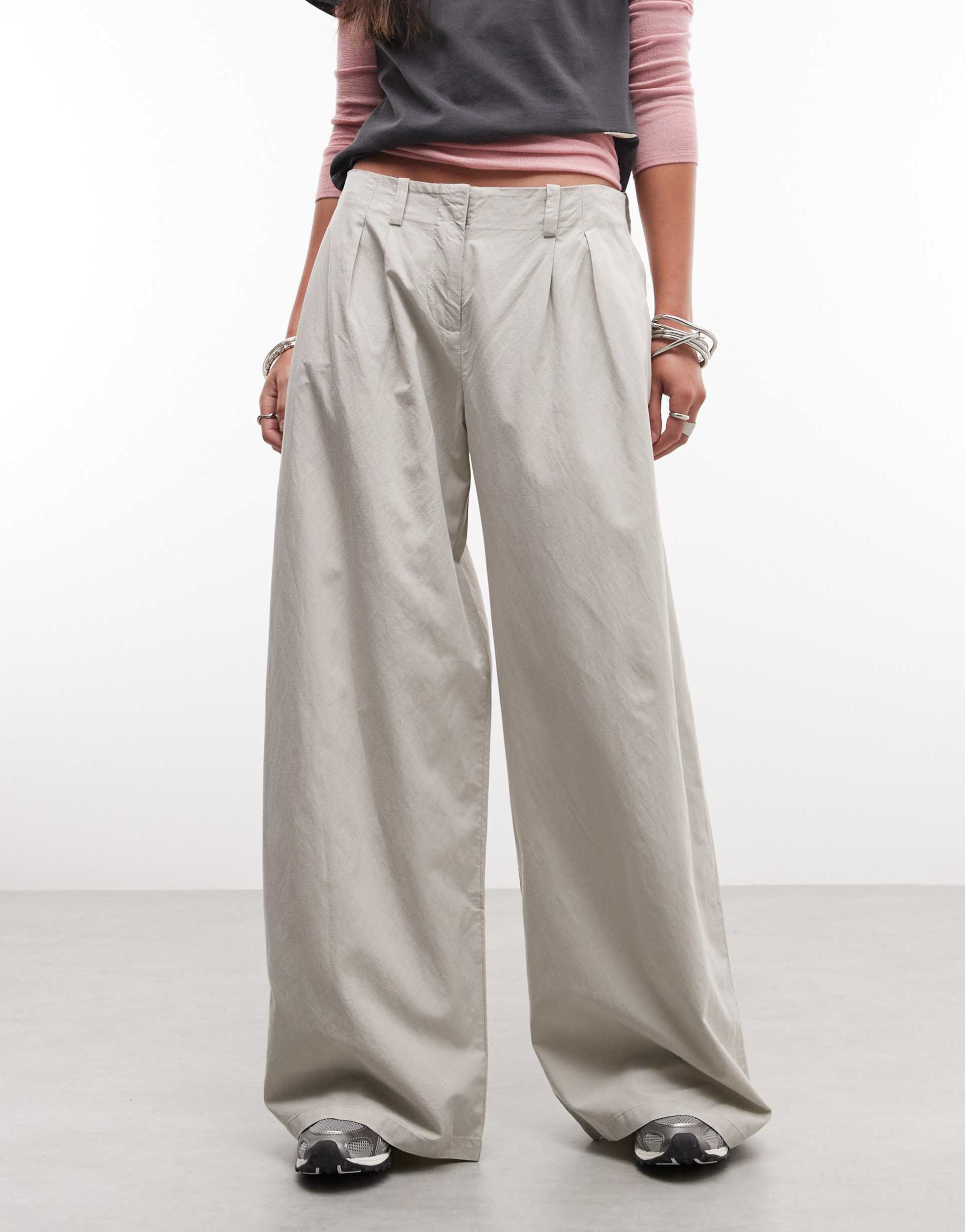 weekday super wide leg pleated pants in light gray