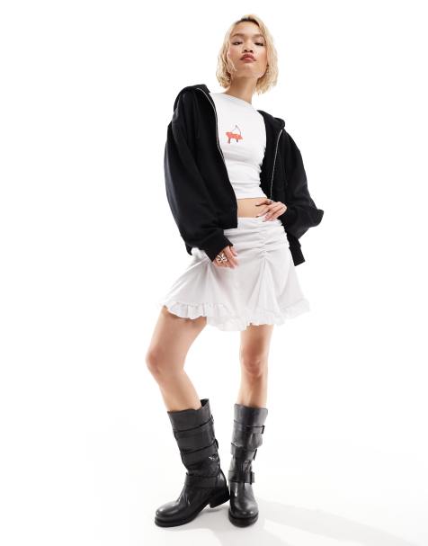 Weekday Suzi mini skirt with ruche detail and frill hem in white - view 1