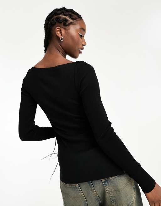 Weekday – Svart, ribbad och lång off shoulder-topp med långa ärmar och sidoslits, 3 av 4