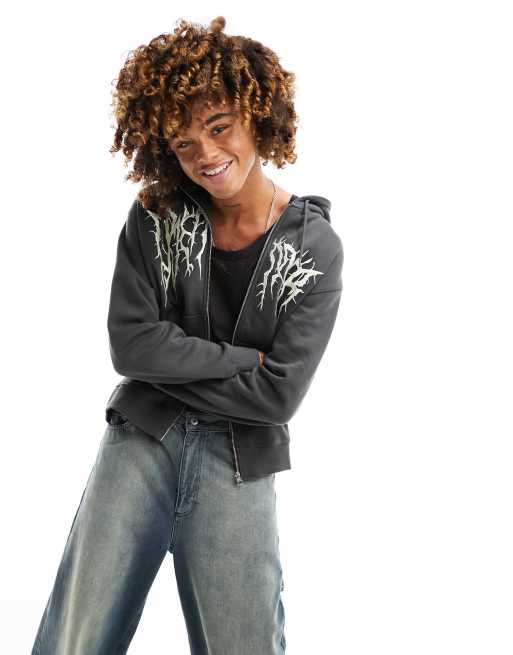 Weekday - Sweat à capuche classique avec fermeture éclair et motif graphique - Noir