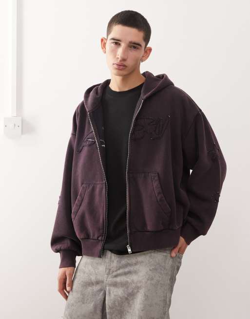 Weekday - Sweat à capuche coupe carrée à motif et bords bruts - Bleu foncé délavé