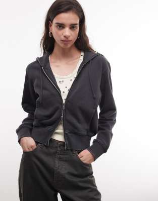 Sweat à capuche court - Noir délavé XS