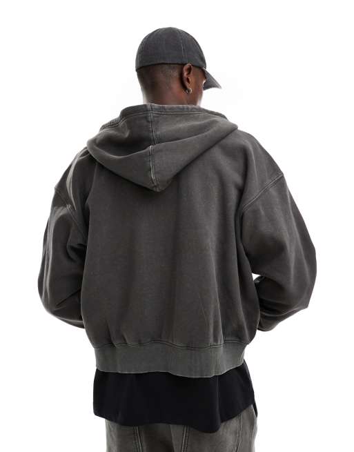 Weekday - Sweat à capuche d'ensemble coupe carrée à fermeture éclair avec broderie Destiny - Gris foncé délavé, 3 de 4