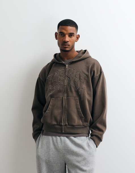 Weekday sweat à capuche oversize zippé avec broderie graphique Virtual Mission marron - view 1