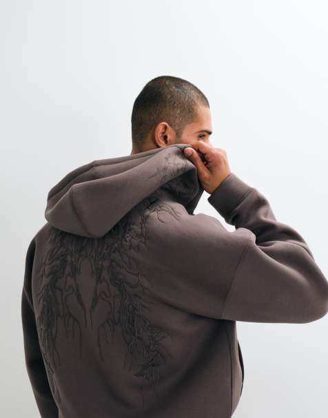 Weekday sweat à capuche zippé en tissu scuba avec broderie au dos en dark mole - view 1