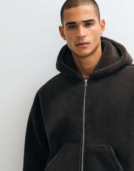 Weekday sweat à capuche zippé oversize en polaire imitation peau de mouton à col cheminée marron, 4 de 5