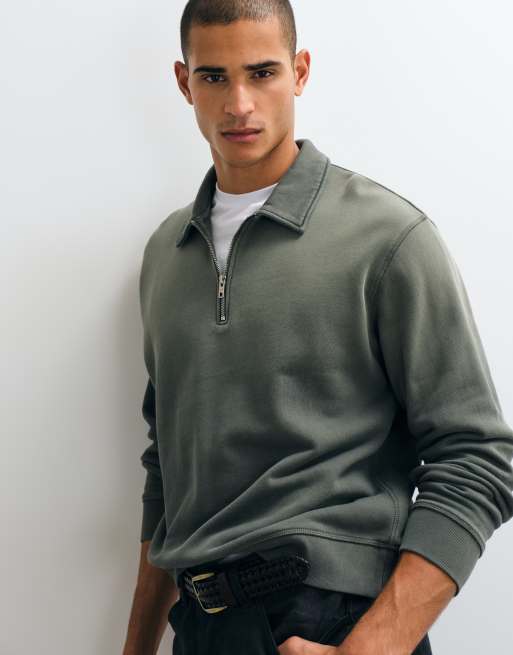Weekday sweatshirt med kvart lynlås i slub-stof i vasket khaki, 3 af 5