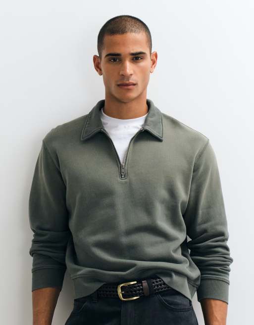 Weekday sweatshirt med kvart lynlås i slub-stof i vasket khaki, 5 af 5