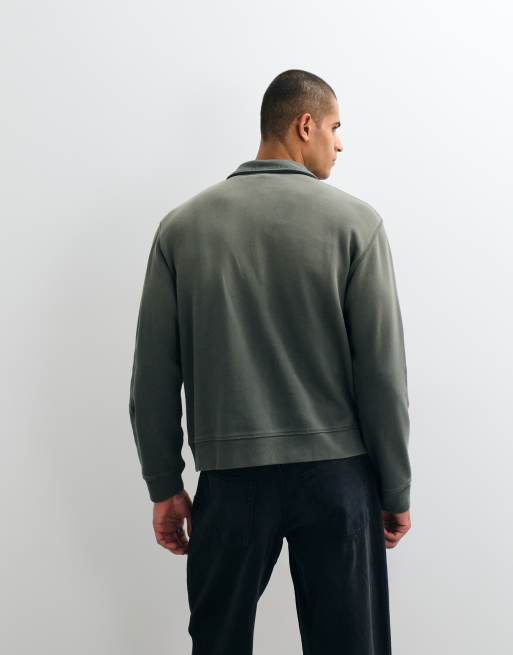 Weekday sweatshirt med kvartslång dragkedja i slub-tyg i tvättad khaki, 4 av 5