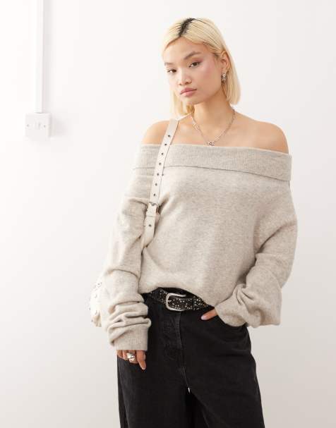 Weekday slouchy off shoulder bardot jumper in beige melange exclusive to ASOS 