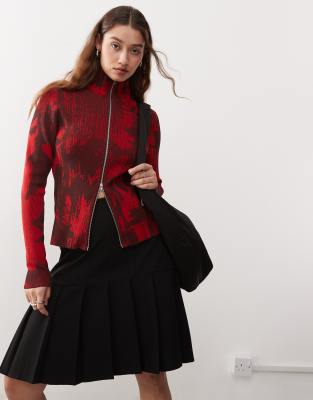 Shop Weekday Sylvie high neck zip cardigan with jacquard pattern in red Online – Trendy & Affordable Fashion