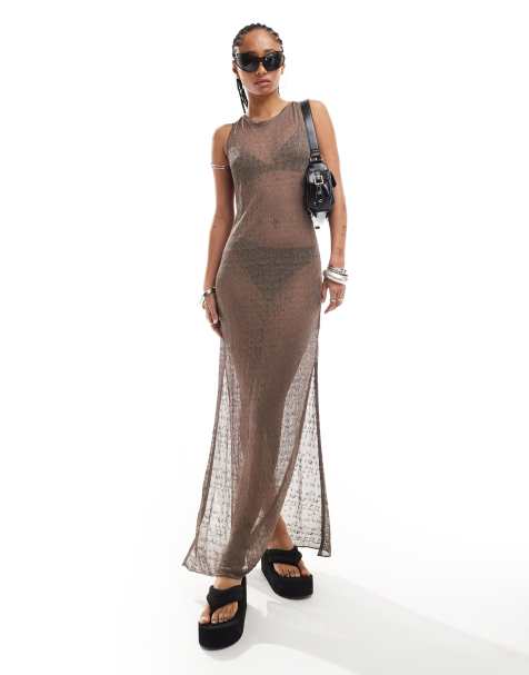 Weekday Sylvie sheer pointelle maxi dress in brown - view 1