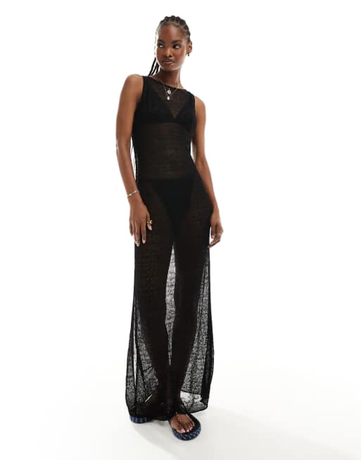 Weekday – Sylvie – Transparentes Pointelle-Maxikleid in Schwarz