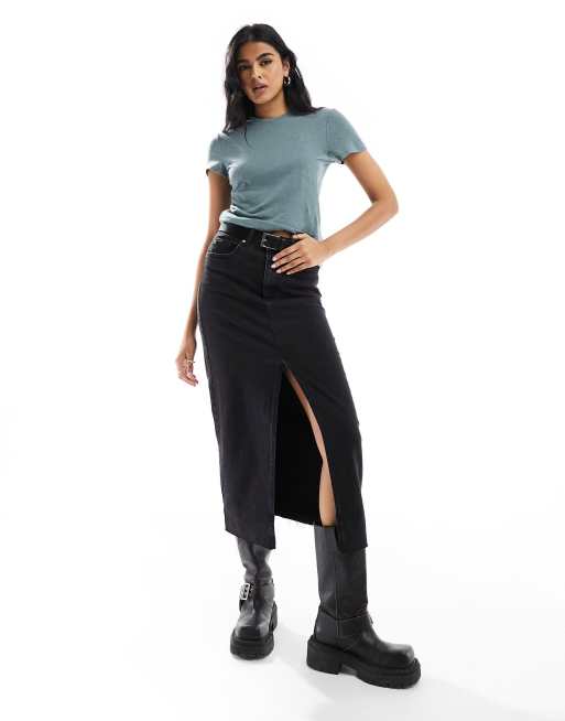 Weekday – Szarozielony dopasowany T-shirt z mieszanki lnu