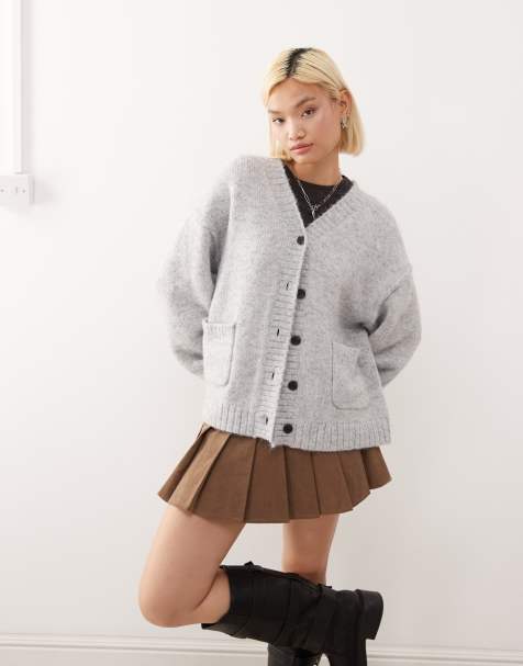 Weekday wool blend relaxed fit v neck cardigan in grey melange