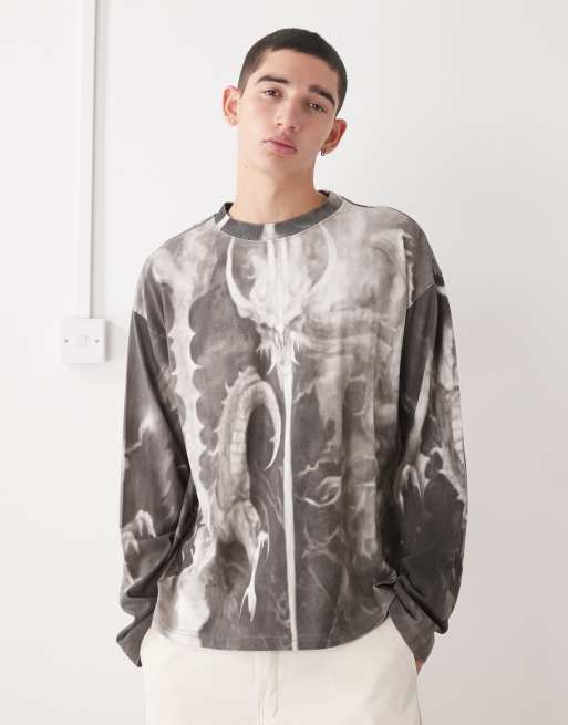 Weekday – Szary T-shirt oversize o pudełkowym kroju z długimi rękawami i grafiką ze smokiem na całej powierzchni