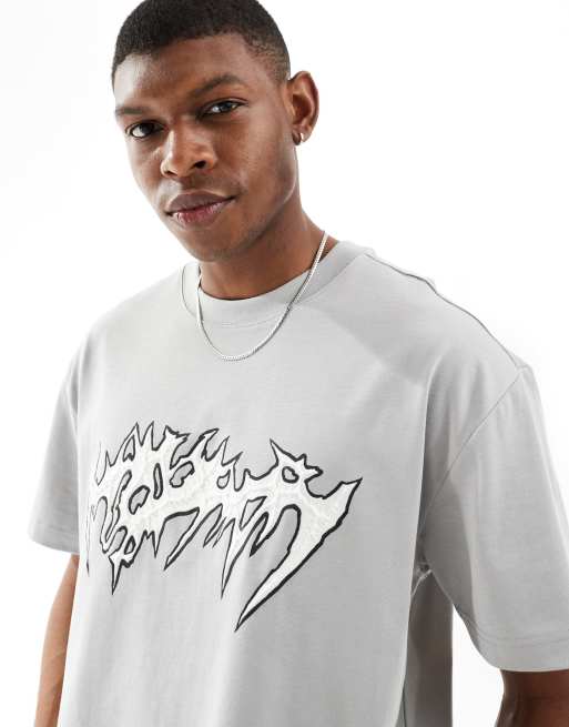 Weekday – Szary T-shirt oversize z nadrukiem z motywem kolców