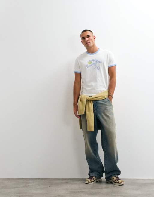 Weekday t-shirt à liserés avec imprimé graphique écru, 2 de 5