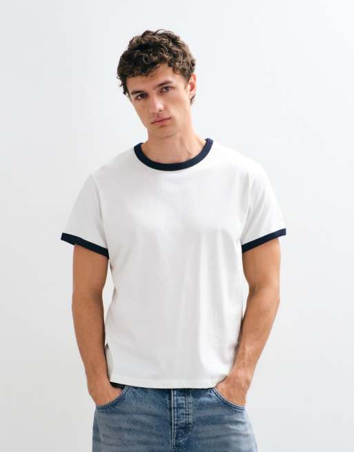 Weekday t-shirt à liserés blanc avec finitions bleu marine, 3 de 5