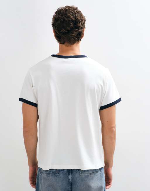 Weekday t-shirt à liserés blanc avec finitions bleu marine, 5 de 5