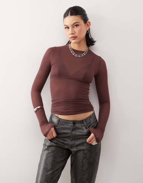 Weekday - T-shirt a maniche lunghe morbida semitrasparente bordeaux - In esclusiva per ASOS - view 1