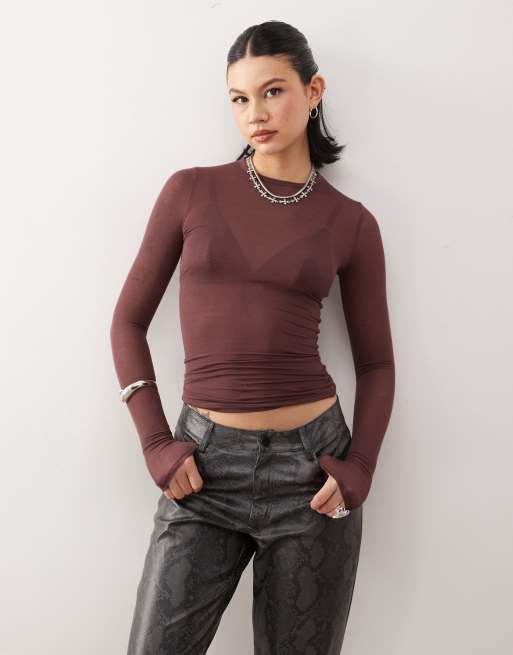 Weekday - T-shirt a maniche lunghe morbida semitrasparente bordeaux - In esclusiva per ASOS