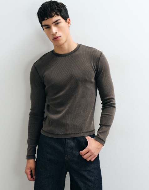 Weekday T-shirt a maniche lunghe slim fit a coste in marrone slavato - view 1