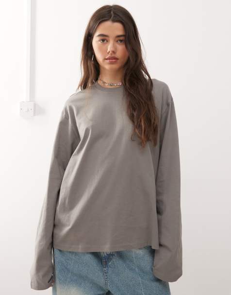 Weekday - T-shirt a maniche lunghe squadrata oversize grigio scuro - view 1