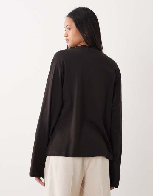 Weekday - T-shirt a maniche lunghe squadrata oversize marrone scuro, 4 di 4