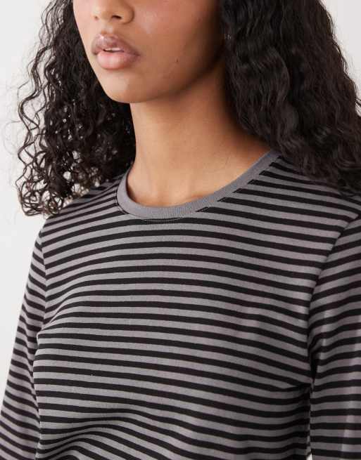 Weekday - T-shirt aderente a maniche lunghe grigia e nera a righe, 4 di 4