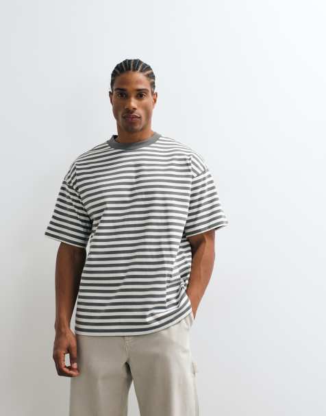 Weekday - T-shirt ampia squadrata oversize kaki e bianca a righe - view 1