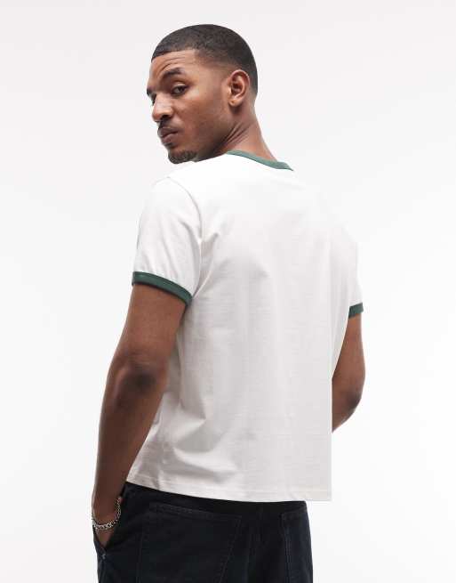 Weekday - T-shirt bianco sporco a coste con bordi a contrasto verdi, 5 di 5